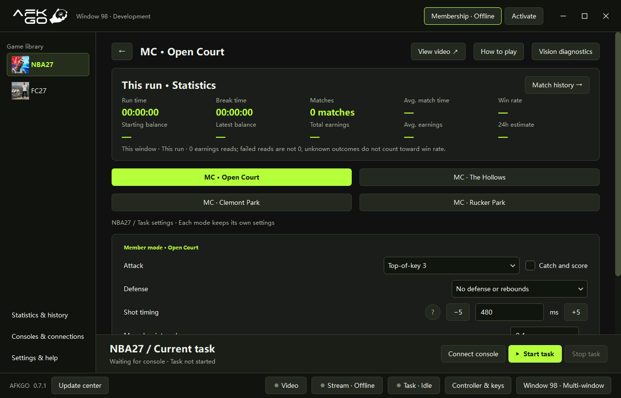 AFKGo Open Court workspace showing task statistics, offense and defense options